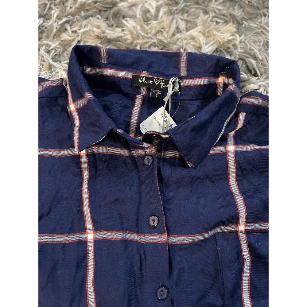 Navy Pink Plaid Button Down Shirt Women's Small NWT Soft Lightweight Rayon Top - Picture 3 of 7